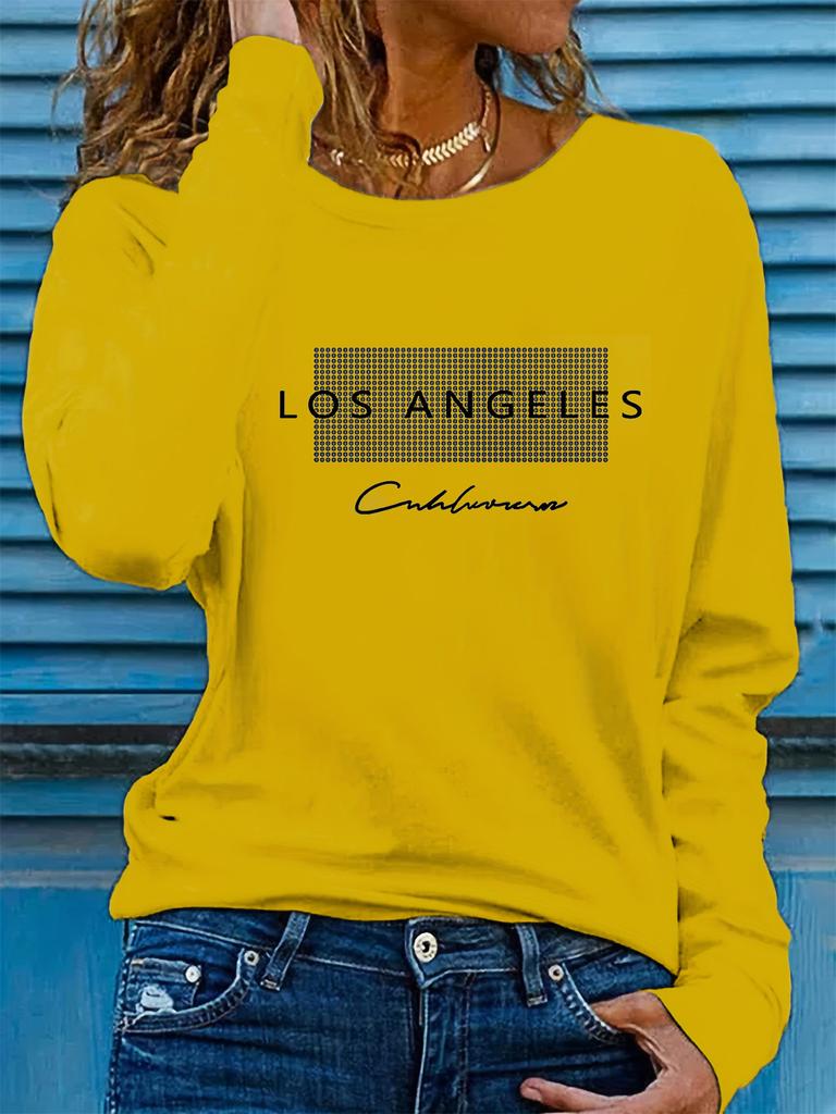 Women's Spring and Autumn 100% Polyester Casual Fashion Long Sleeve Los Angeles Letter Graphic Printed Round Neck T-shirt
