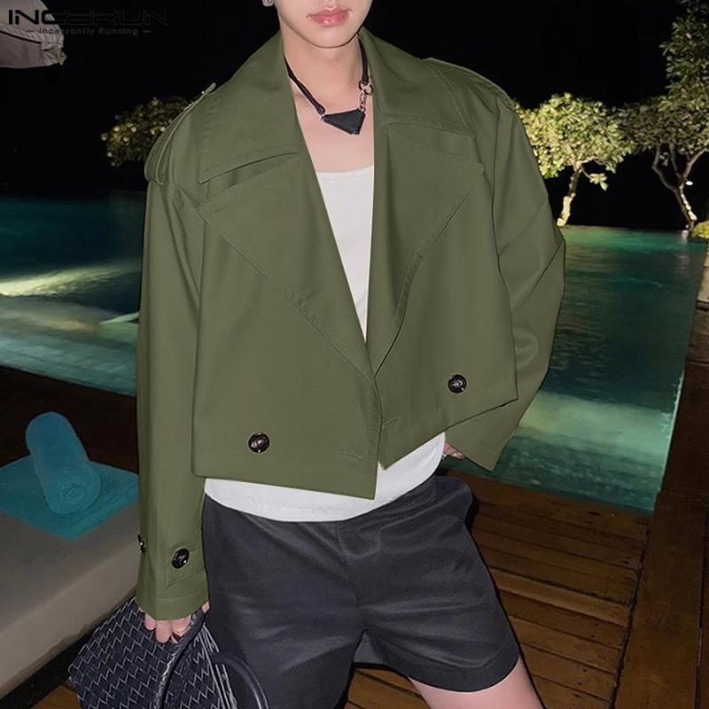 INCERUN Ovesized Men Lapel Neck Long Sleeve Buttons Up Short Windbreaker Coats