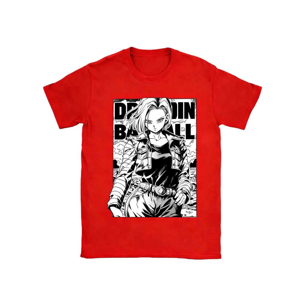 Summer Dragon Ball Android 18 Vintage Anime T-shirt Men's Pure Cotton Washed Tees Casual Loose Short Sleeve