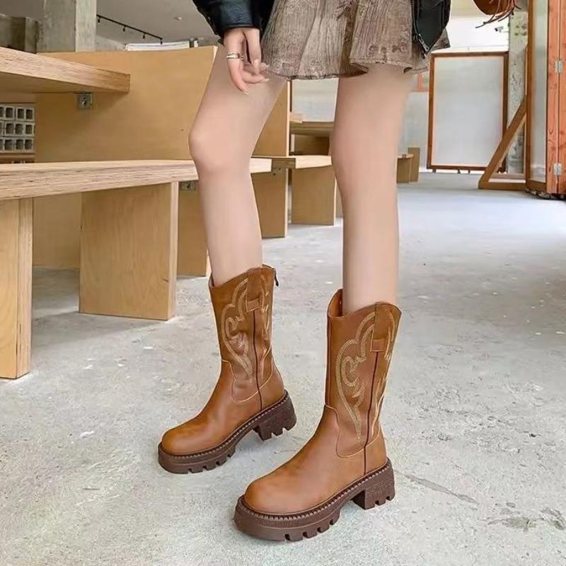 Fashion Brown Round Toe Mid Calf Shoes Woman Work Demi-season Fashion 2025 Boot Trend Gothic Cosplay New Hot Half High Boots for Women