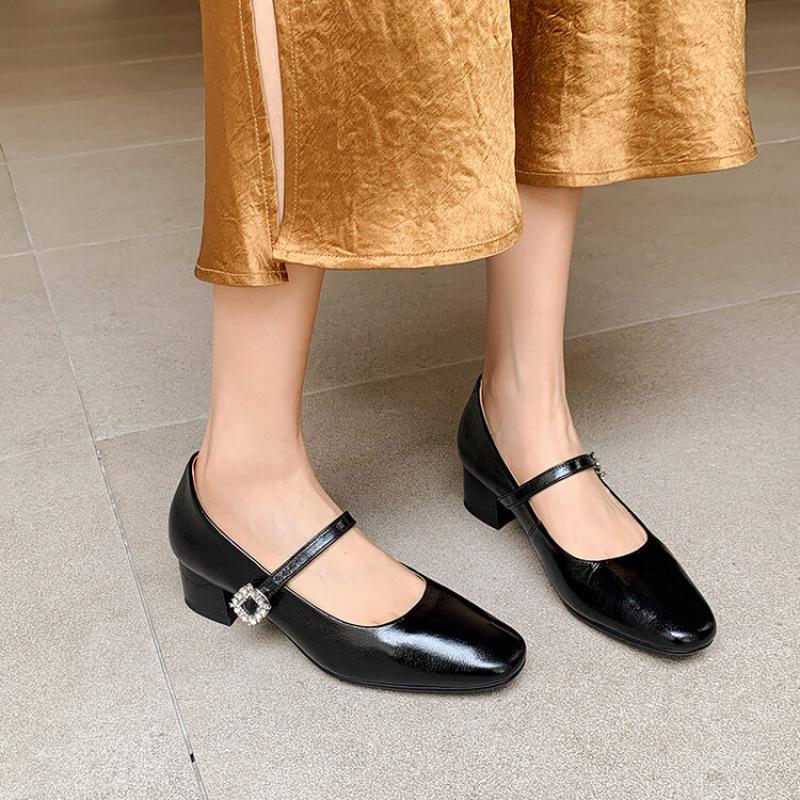 New fashion medium heel single shoes women's round head solid color casual soft sole large size shoes non-slip beef tendon sole four seasons small