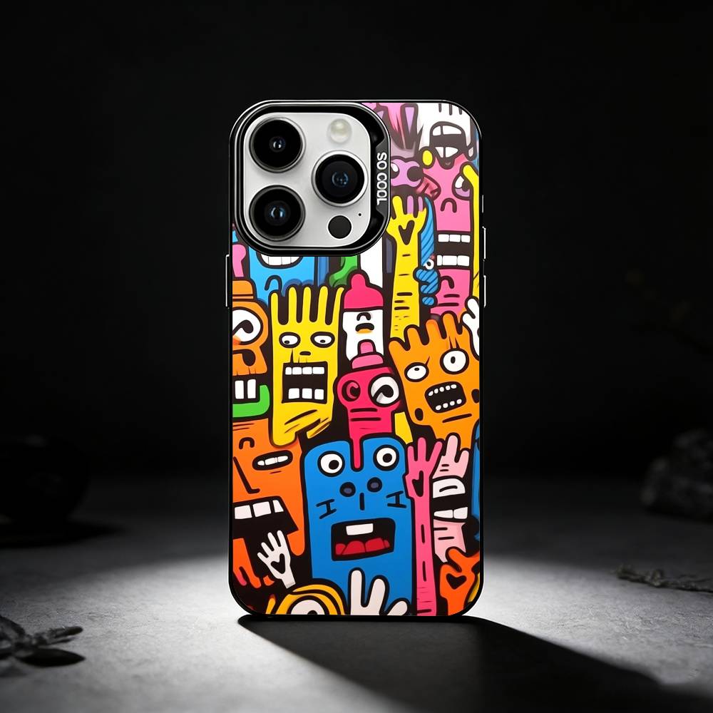 Cartoon Graffiti Phone Case For iPhone 17,16,15,14,13,12,11 Plus,Pro Max,XS,Colored silver phone case