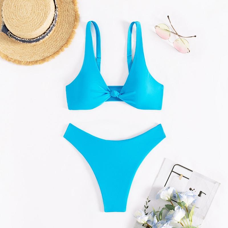 Damen Unifarbenes Knallpinkes Zweiteiliges Bikini-Set - Verdrehter Front-V-Ausschnitt Hohe Taille Badeanzug