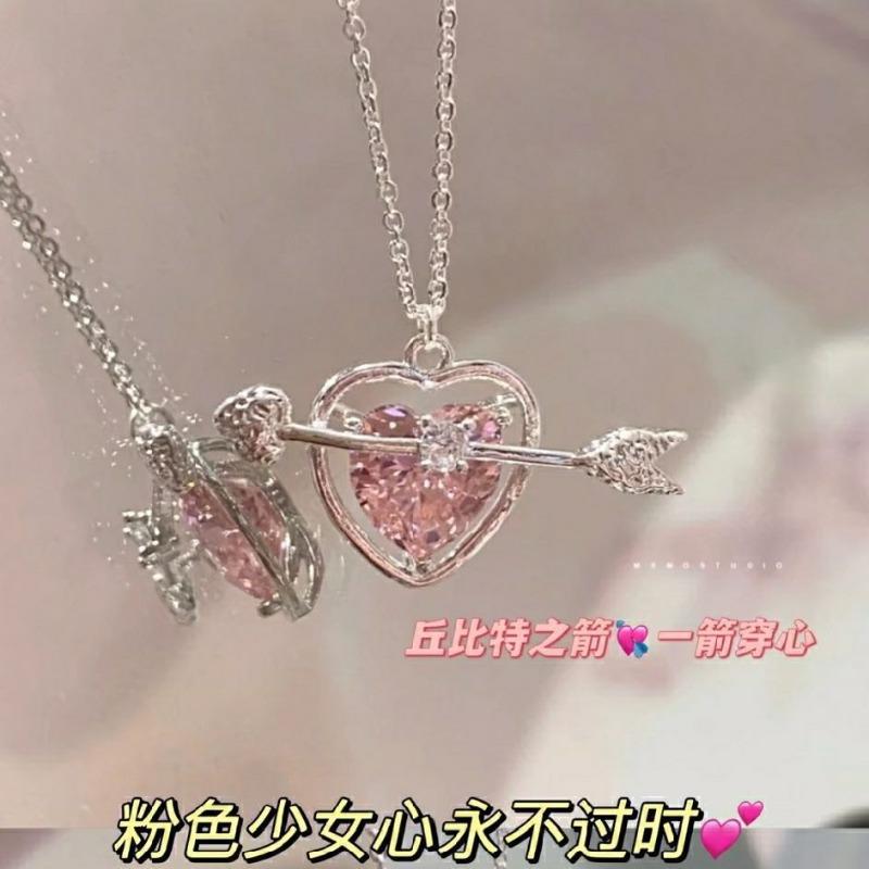 Cupid's Arrow Pink Diamond Love Necklace One Arrow Through the Heart Collarbone Chain Niche Design Light Luxury Girlfriend Gift