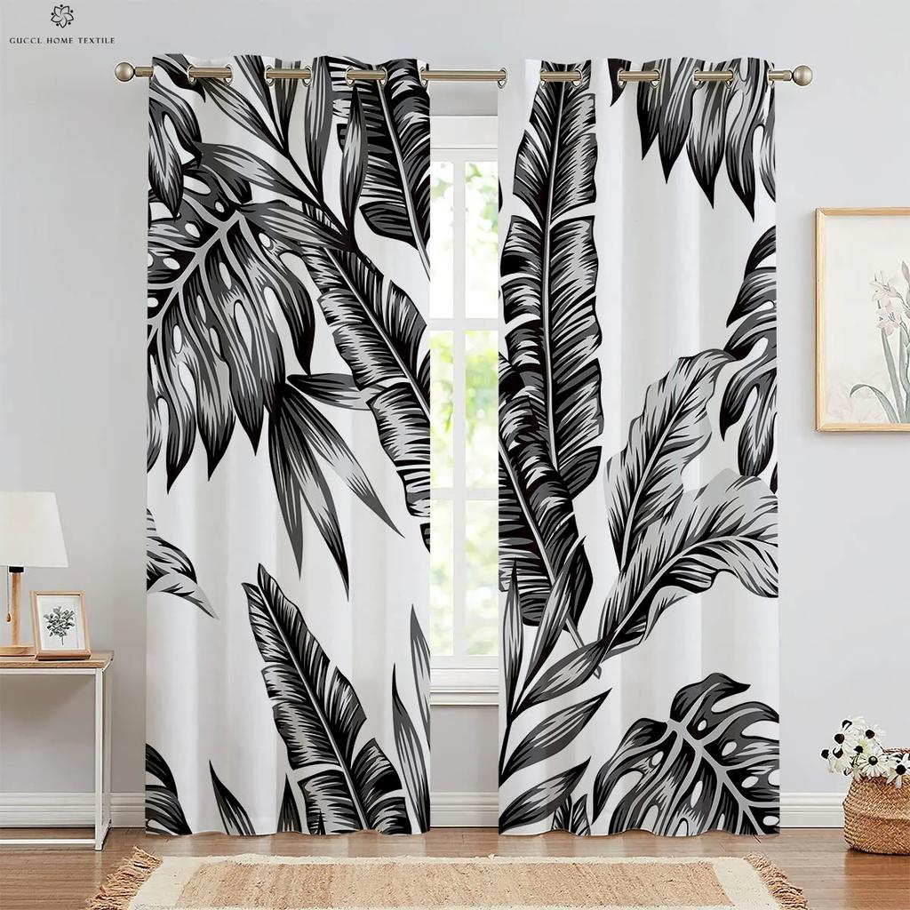 Geometric Green Leaves Tropical Vegetation 3D Printing Curtains, Black and White, Bedroom, Living Room, Window Decoration