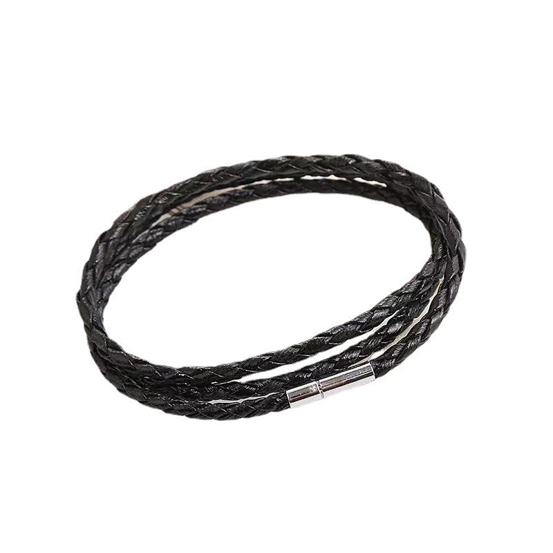 Men's Black Braided Double-Layer Leather Bracelet with Titanium Steel Highlights