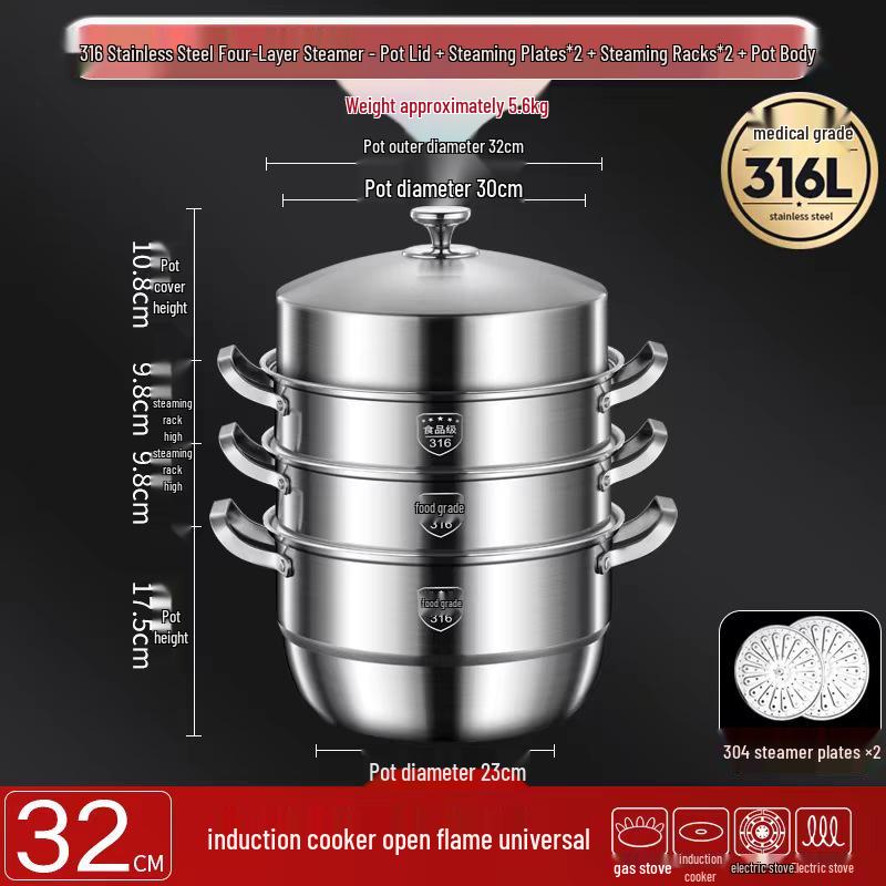 316 Stainless Steel High-Rise Steamer Pot, Extra Thick, Food-Grade, Large Capacity, Versatile 3-4 Layer Soup Pot