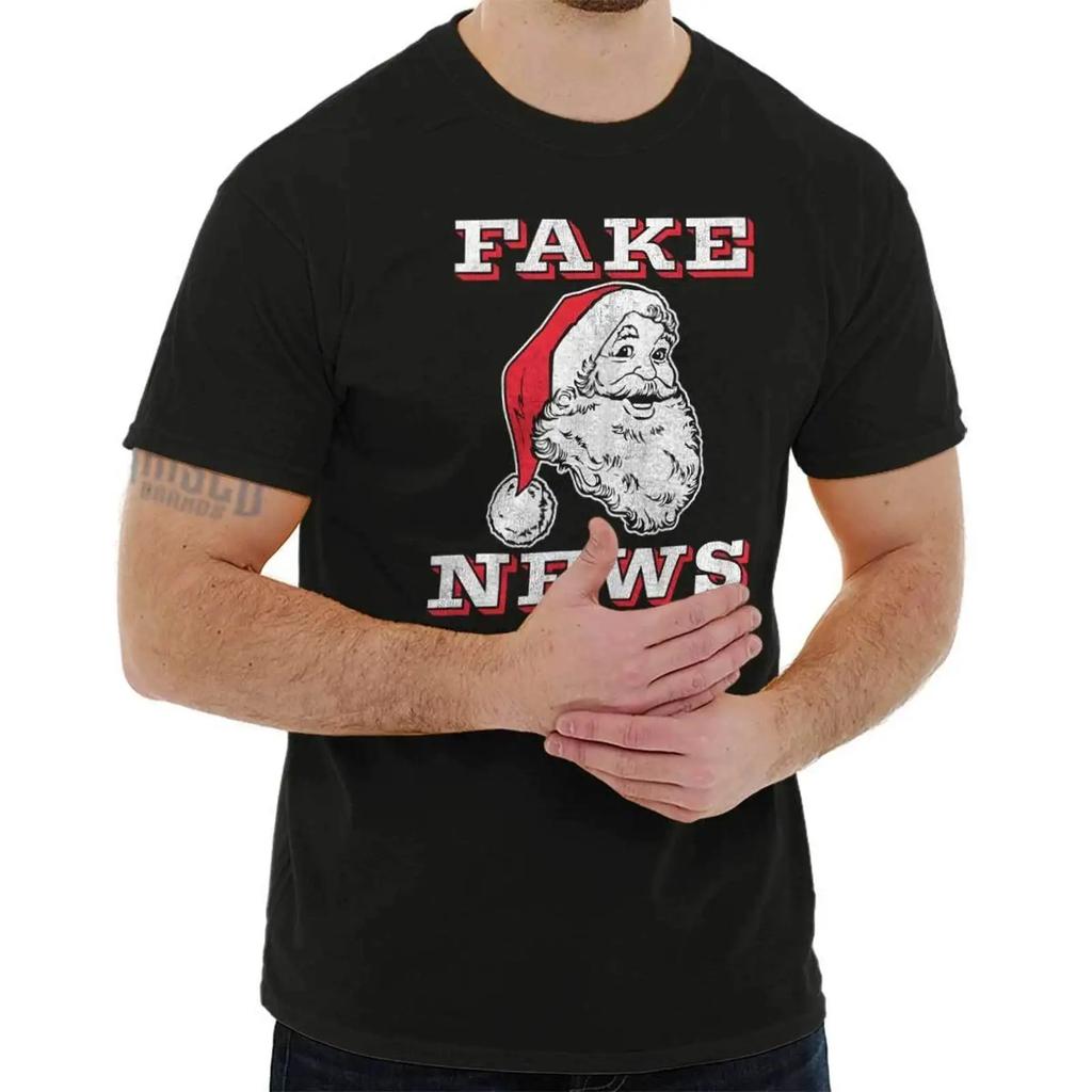 Funny Christmas Xmas Santa Claus Fake News Womens or Unisexs Crew Neck T Shirt Vintage Washed Fashion Top For Everyday Wear