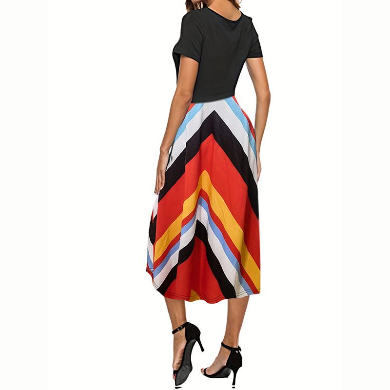 Летнее повседневное женское платье длиной до середины икры с коротким рукавом и круглым — фото 3