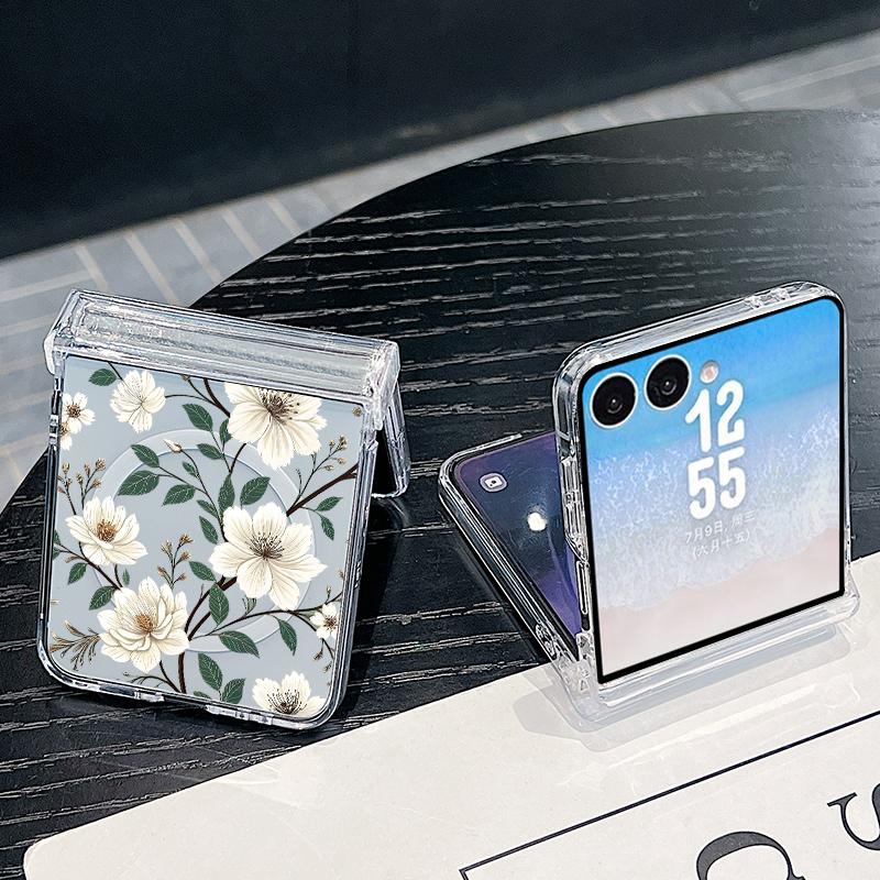 With Hinge Magnetic Phone Case For Samsung Z Flip 8 7 FE 6 5 4 White Flowers Print Hard Folding Phone Cover For Galaxy Z Flip8 Flip7 Flip6