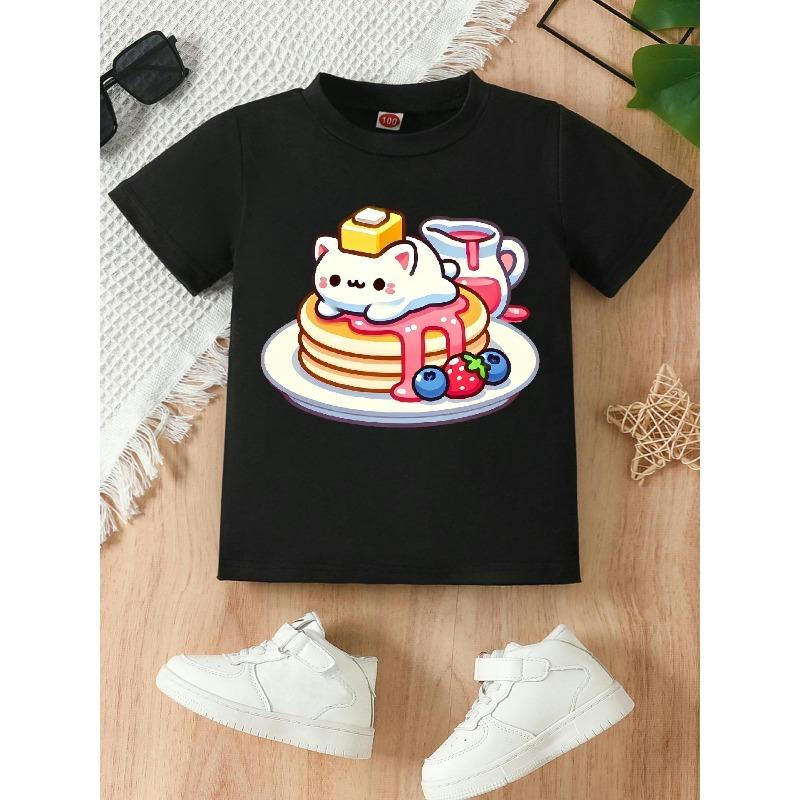 

European sizes Round-Neck T-shirt with Cute Kitten Print on Muffin Plate | Casual Knit Top, Medium Stretch Fabric, Perfect Gift for Little Ones 98cm чёрный