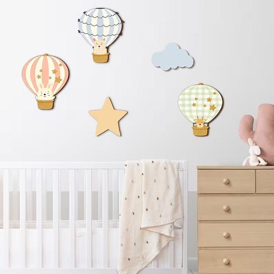 5 Pcs Star Cloud Hot Air Balloon Nursery Decor Boho Wooden Wall Hanging Sign for Bedroom Classroom Playroom Baby Shower Decoration