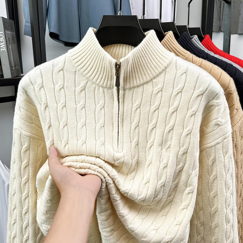 Men's Light Luxury Cable Knit Half-Zip Sweater with Stand Collar - Business Casual Autumn/Winter Outerwear