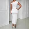 2024 European & American Women's Autumn/Winter One-Shoulder Bodycon Set - Solid Color, Ruched, Sleeveless, Fashionable & Sexy.