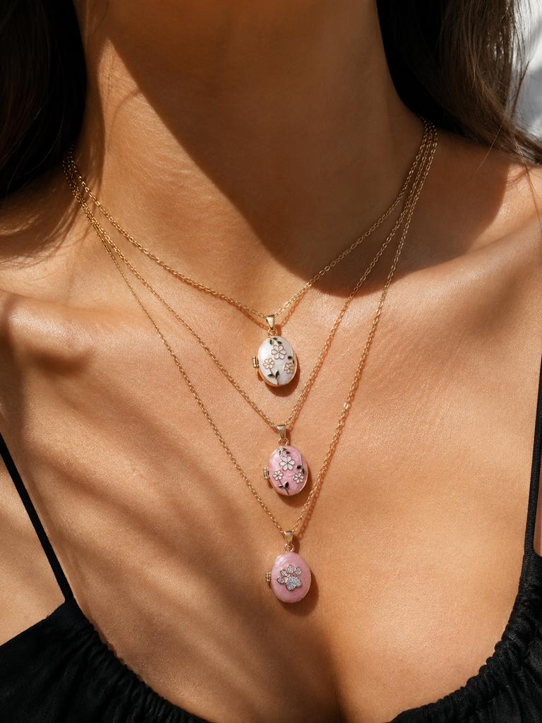Vintage Enamel Flower Oval Openable Pendant Necklace Fashion Stainless Steel Photo Frame Charms Collar Jewelry Memorial Gift
