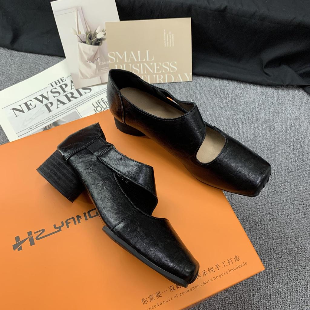 Grape Mom Studio Wysokiej klasy mokasyny ze skóry końskiej z kwadratowym noskiem i masywnym obcasem dla kobiet - Styl jesienny