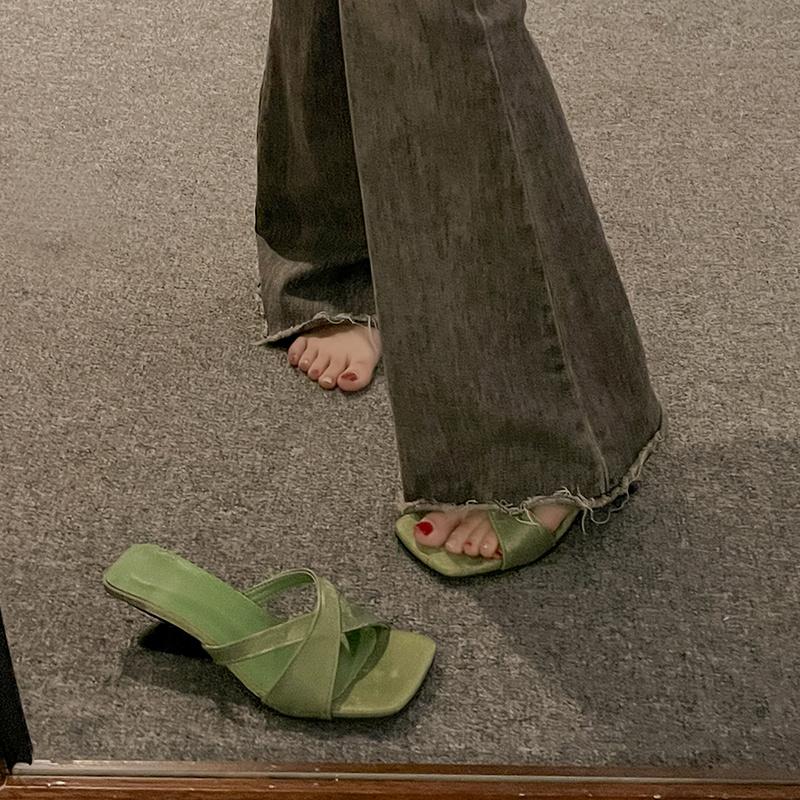 Fashion French High-heeled Niche Slippers for Women's Summer New All-match Outward Wear Square-toe Open-toe Cool Mop
