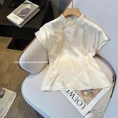 Chinese Dames Korte Mouw Geprint Satijnen Shirt Zomer Opstaande Kraag Chic Elegante Dames Blouse Retro Zomer Dunne Zacht