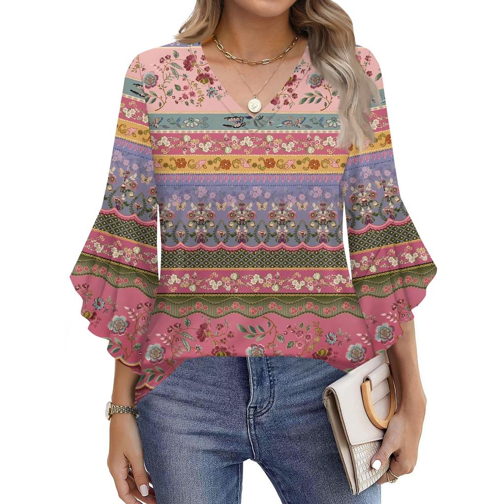 Blouses For Women Dressy Casual 3/4 Length Sleeve Womens Tops V Neck Tshirts Shirts With Flared Sleeve