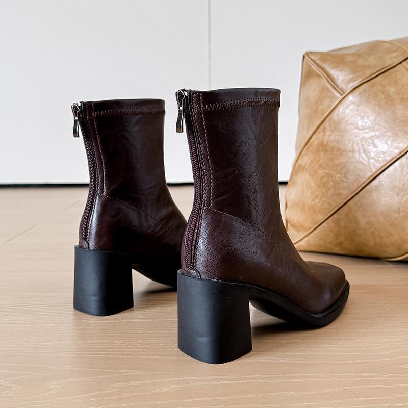 Cowhide~ 2025 New Retro Thick Heel Skinny Boots Women's Thick Heel Commuter Short Boots British Wind Motorcycle Martin Boots