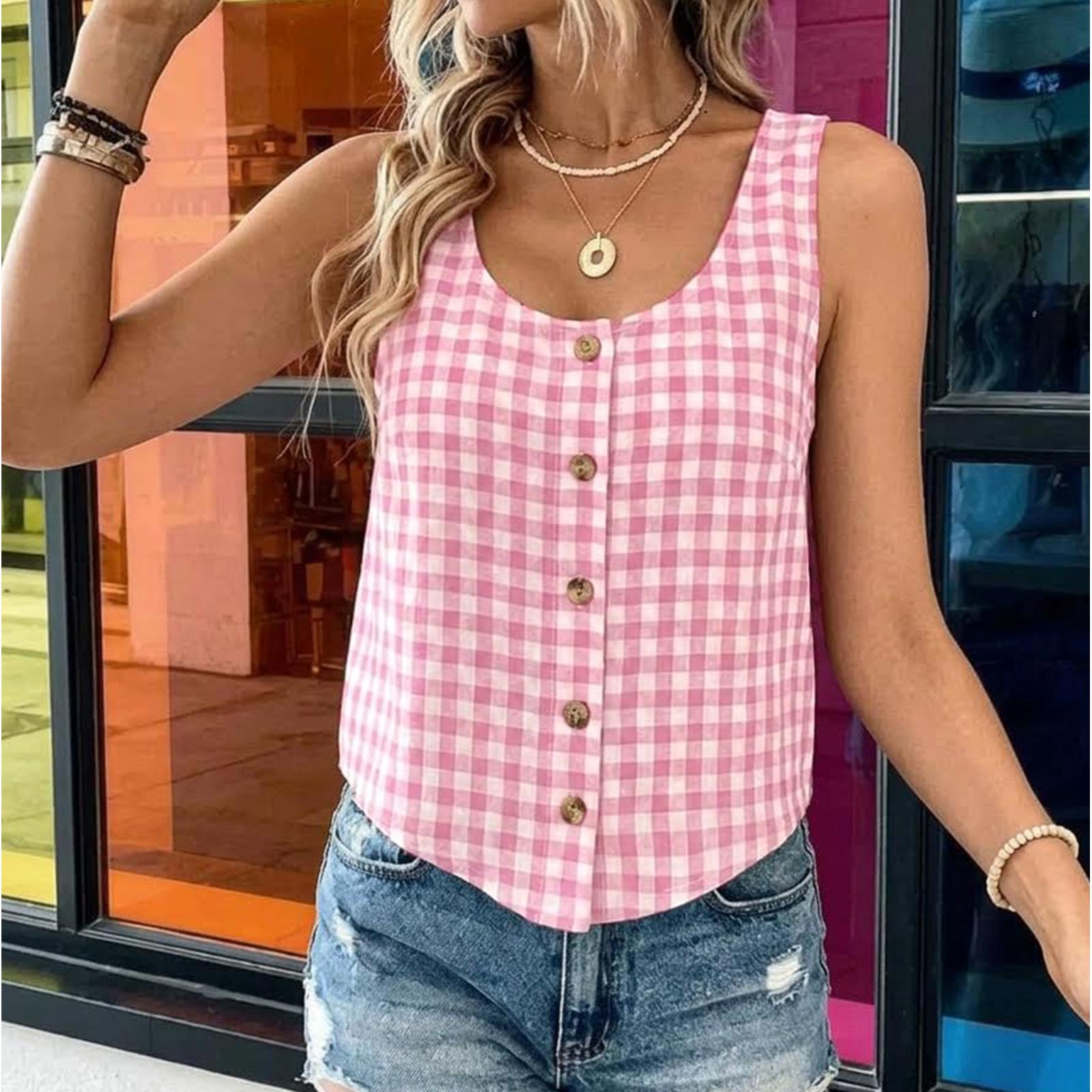 

Women s Summer Fashion Round Neck Button Loose Sleeveless Vest Shirt Top XS рожевий