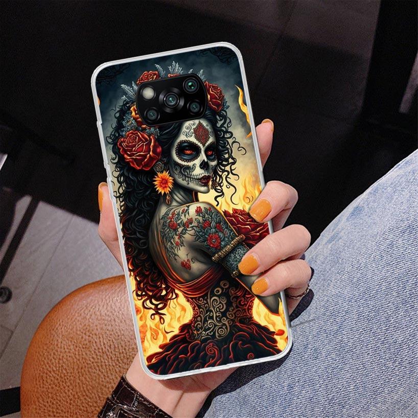 Catrina Beautiful Rose Girl Skull Phone Case For Xiaomi Poco X7 X6 X5 Pro F7 Ultra Redmi 15C 15 13C 13 12C 12 10 10A 10C 9 9A 9C