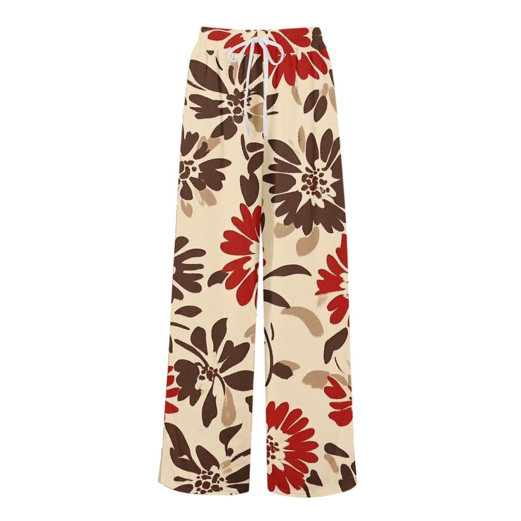Women's Printed Wide Leg Pants With Pockets High Waist Drawstring Loose Casual Pants