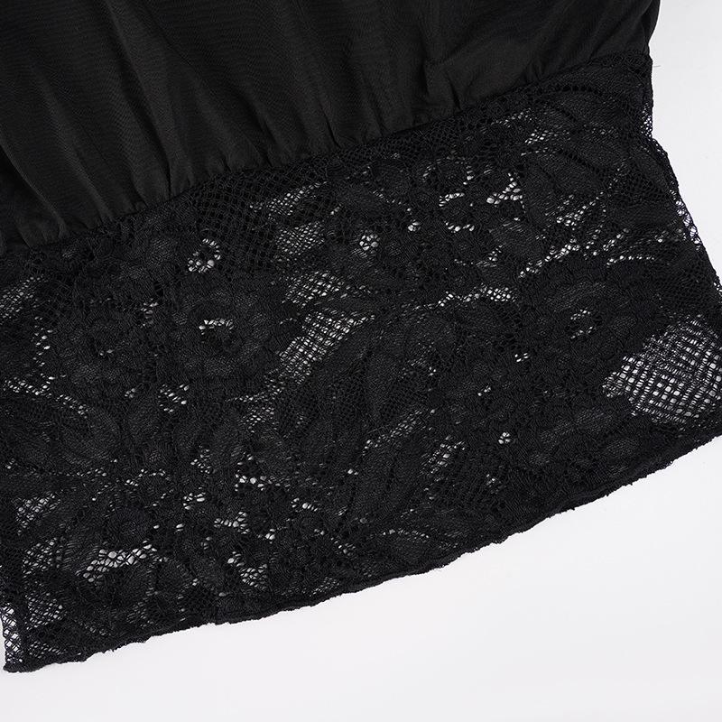 European & American One-Shoulder Lace Patchwork See-Through Cropped T-Shirt
