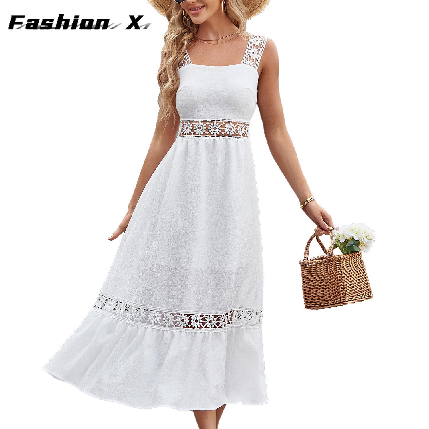 

Сплошные платья с бретельками без рукавов и квадратным вырезом в Европе и США M белый