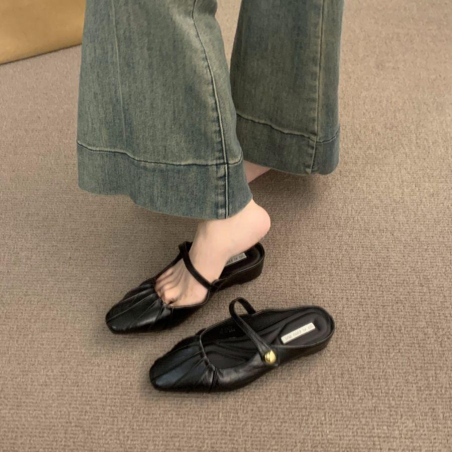 Silver bag head half slippers women's shoes wear 2025 new summer French Mary Jane half a word with single shoes