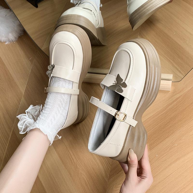 2025 Autumn New Thick Heel Platform Retro College Style Jk Shoes Mary Jane Shoes Milk White Butterfly Small Leather Shoes Women