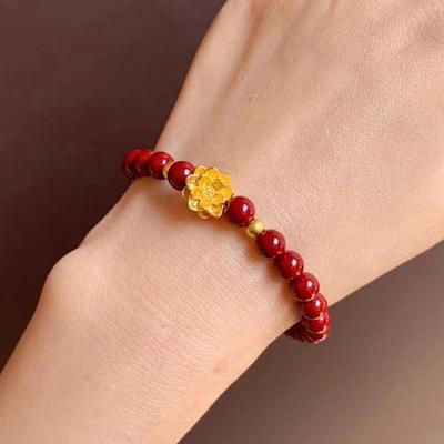 Vergoldetes Lotus-Zinnober-Sandelholz-Perlenarmband - Buddhistische Kunst Schmuck Geschenk.