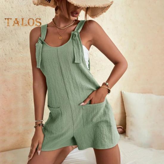 Macacão Feminino Sem Mangas Verão Casual Macacão Curto Solto de Algodão com Bolsos Roupas de Praia para Viagem Férias