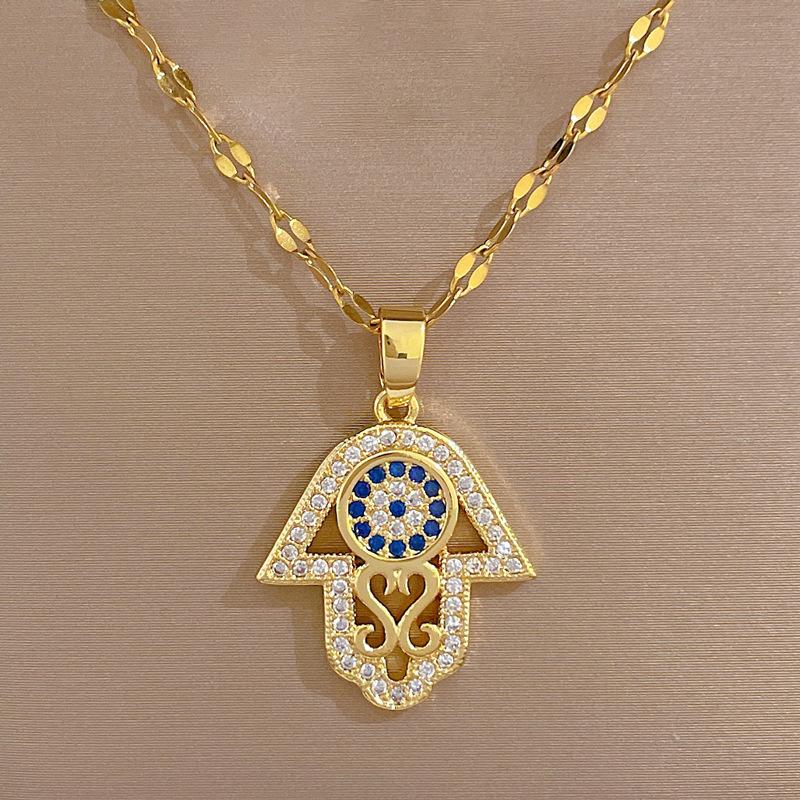 Stainless Turkish Hamsa Hand Fatima Crystal Necklace For Women Evil Eye Necklaces Gold Color Clavicle Long Chain Lucky Jewelry