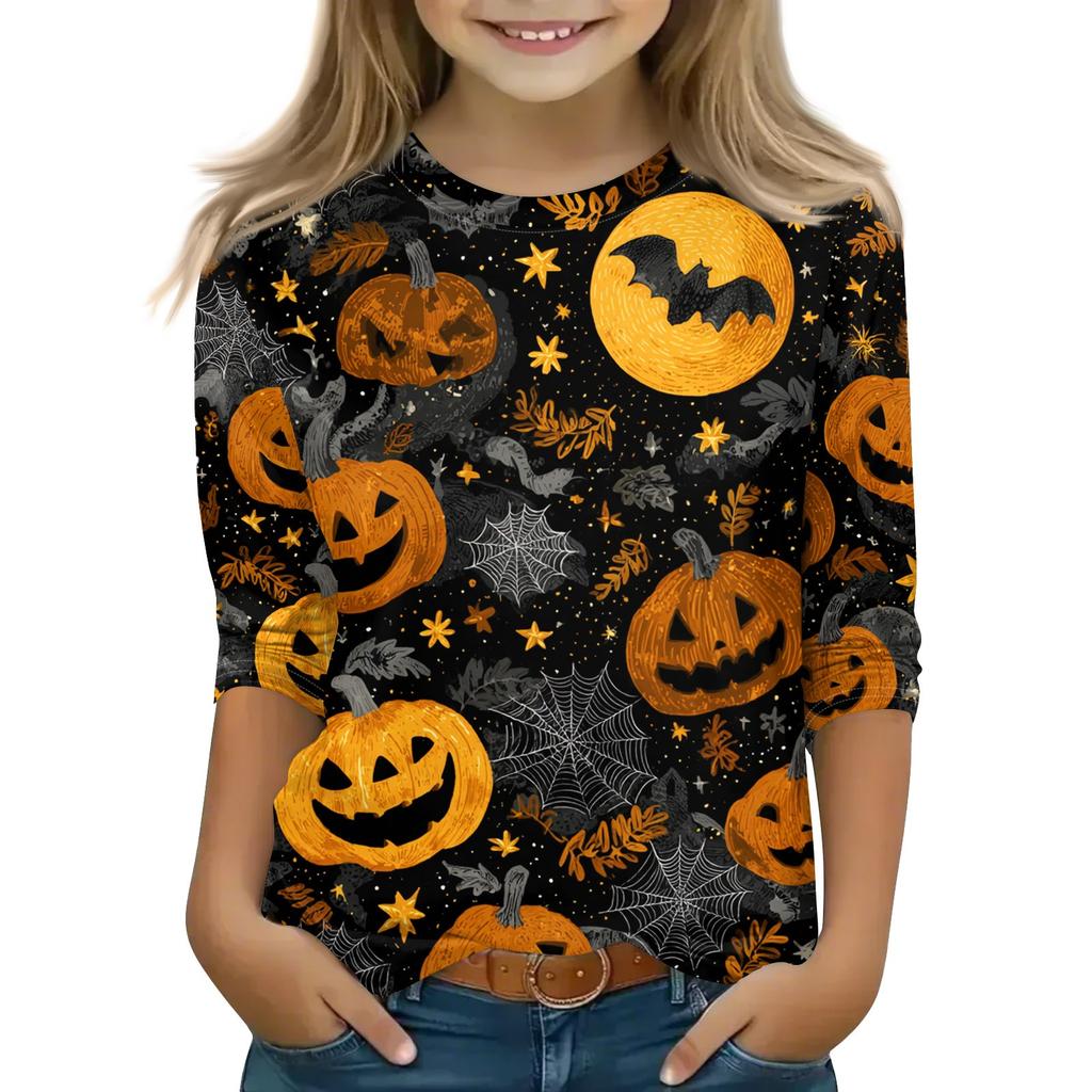 Print Tops For Youth Girls 5-16 Years Round Neck 3/4 Sleeves T-Shirts Trendy Tops Outfit Tees