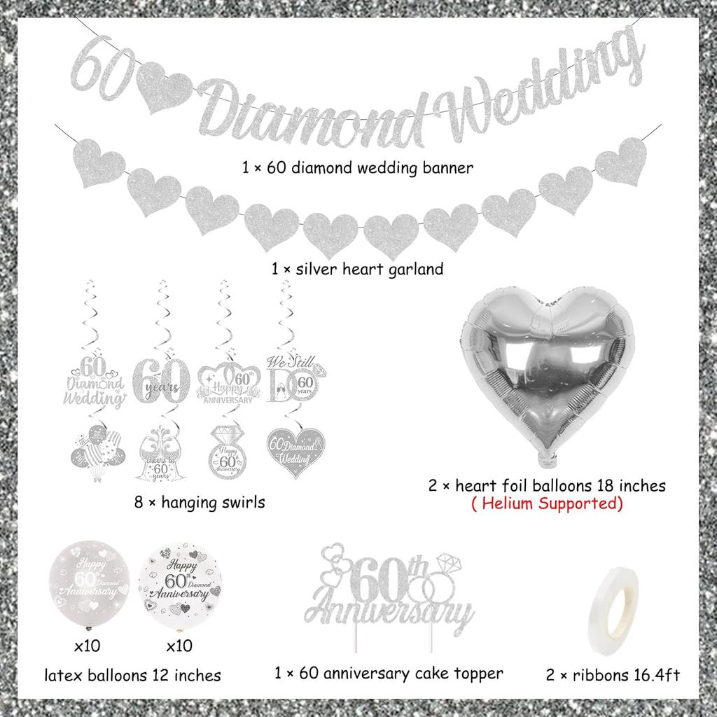 60th Diamond Wedding Anniversary Decorations, Glitter Banner, Cake Topper, Hanging Swirl, Silver Heart-shaped Love Foil Balloons, Party Festival