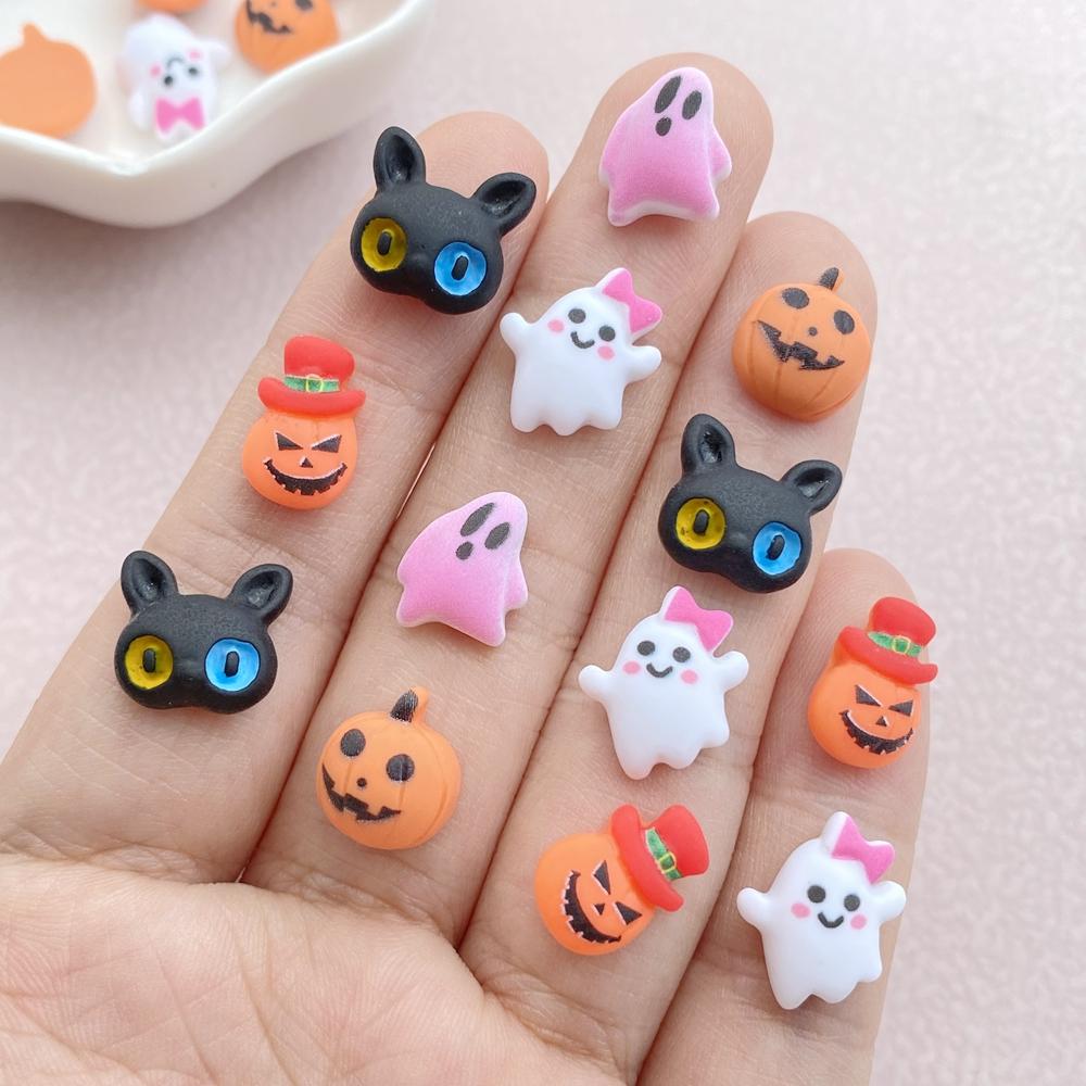 30Pcs New Cute Resin Halloween Pumpkin, Ghost, Cat Series Flat Back Ornament Jewelry Making Manicure Hairwear Accessories