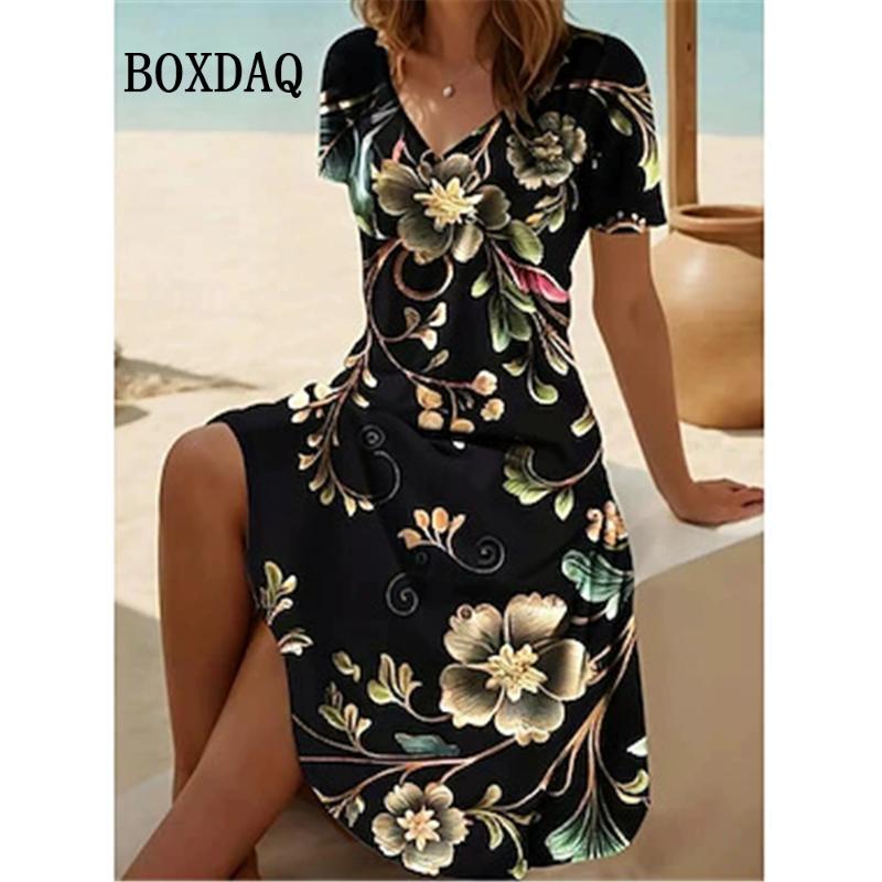 Vintage Summer Dress Women's V-Neck Flowers Printed Casual Beach Vacation Short-Sleeved Dress Loose Women Plus Size Dresses 6XL