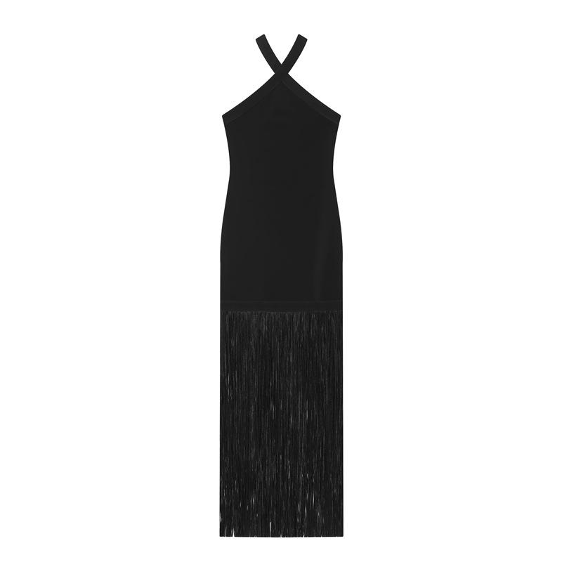 Women s Cross Halter Neck Sleeveless Maxi Dress Slim Fit Mid Rise Fringe Solid Party Dress Fall S