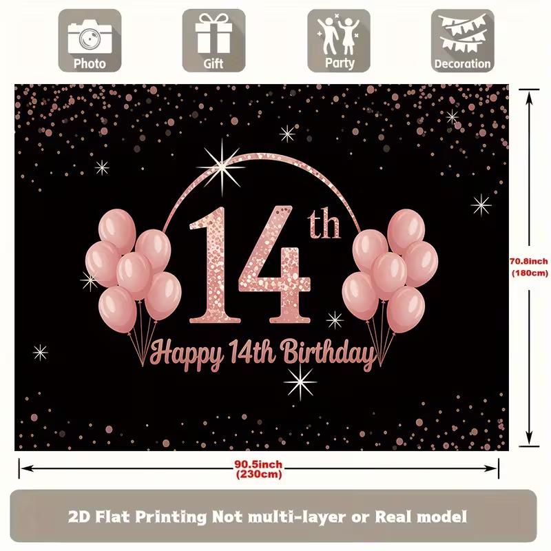 Sfondo 2D per Festa di 14° Compleanno, Sfondo Fotografico con Palloncini Nero Oro Rosa