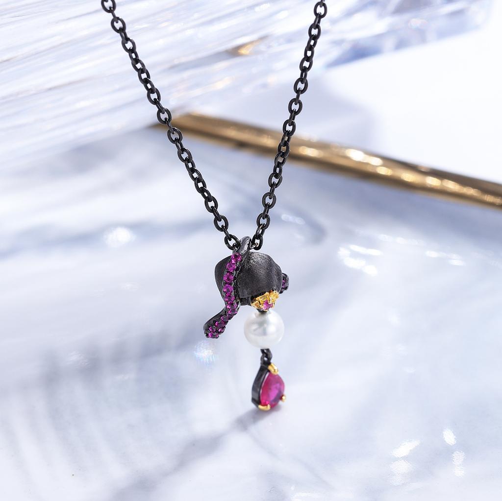 Freshwater Pearl Ruby Necklace Clavicle Chain Trendy Original Necklace 925 Silver Dark Style Skull Pendant for Women