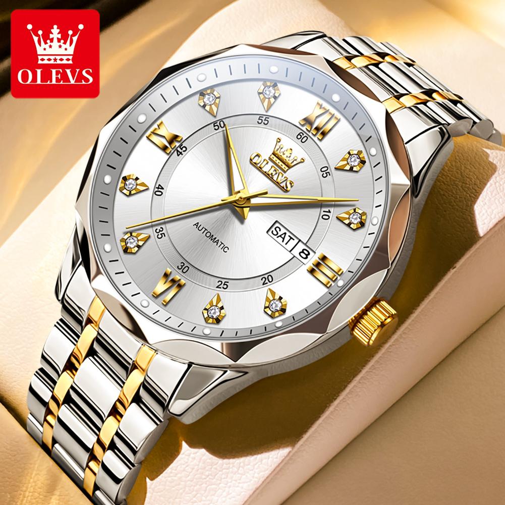 OLEVS Men Watches Trend Fashion Stainless Steel Original Automatic Mechanical Watch for Man Outdoor Casual Wear Waterproof Date