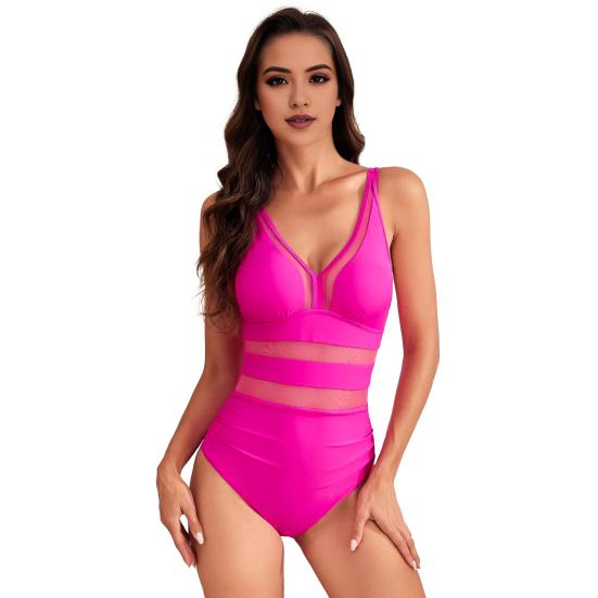 Women Sexy Monokini Deep V-neck Sleeveless One-Piece Swimsuit Hollow Mesh Splicing High Waist S-Shaped Swimwear