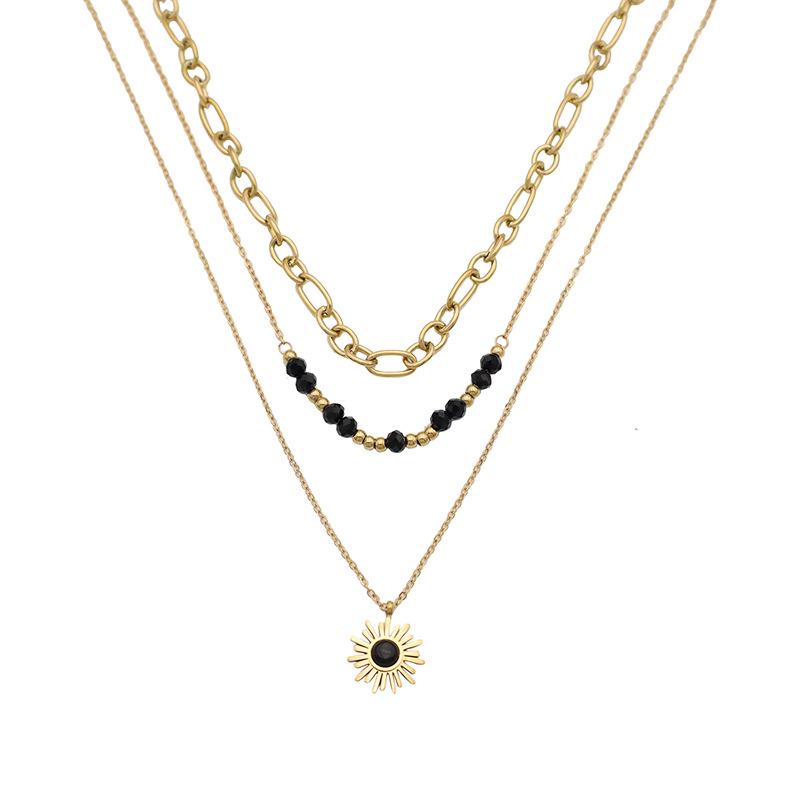 Women's Luxurious Layered Necklace with Black Bead and Sun Pendant – Versatile Three-Layer Design