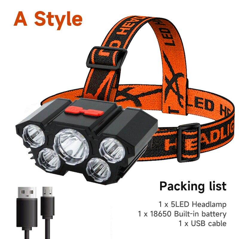 5 Led hodelykt USB oppladbar hodelommelykt lys hodelykt 2000mAh bærbar lommelykt utendørs camping Søkelys