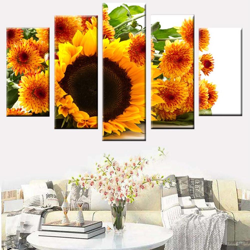 Wall Art Canvas Painting Picture 5 Pieces Yellow Sunflower Landscape HD Print Modern Home Decoration Poster Living Room