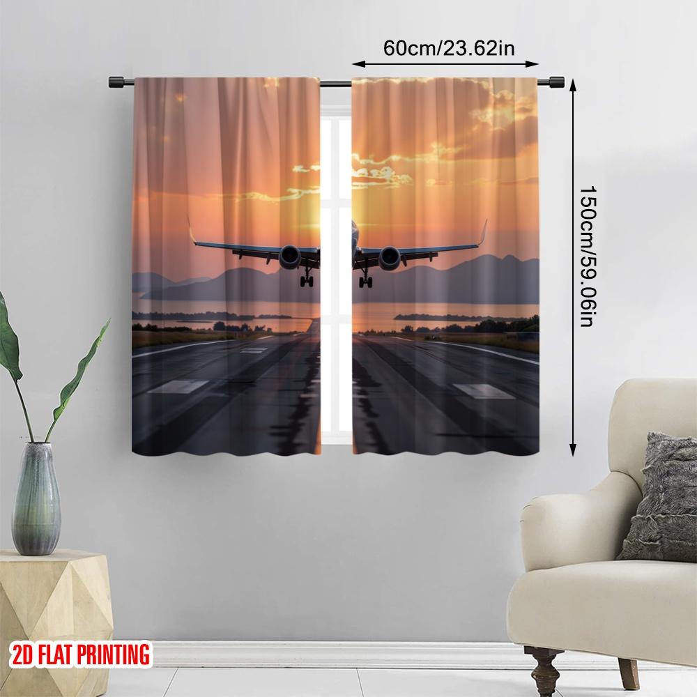 2 Stück, 2D-Ebene Druck Lichtfilternde Vorhänge Sonnenuntergang Landung Langlebig 100% Polyestergewebe (Ohne Stange) Innendekoration
