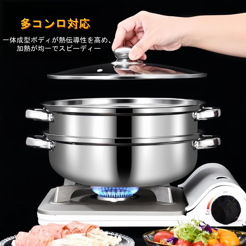 Bbslauu Stainless Steel Two-Tier Steamer, Multi-functional, with Glass Lid, Gas and Induction Compatible, Silver (28cm - Two Tiers)