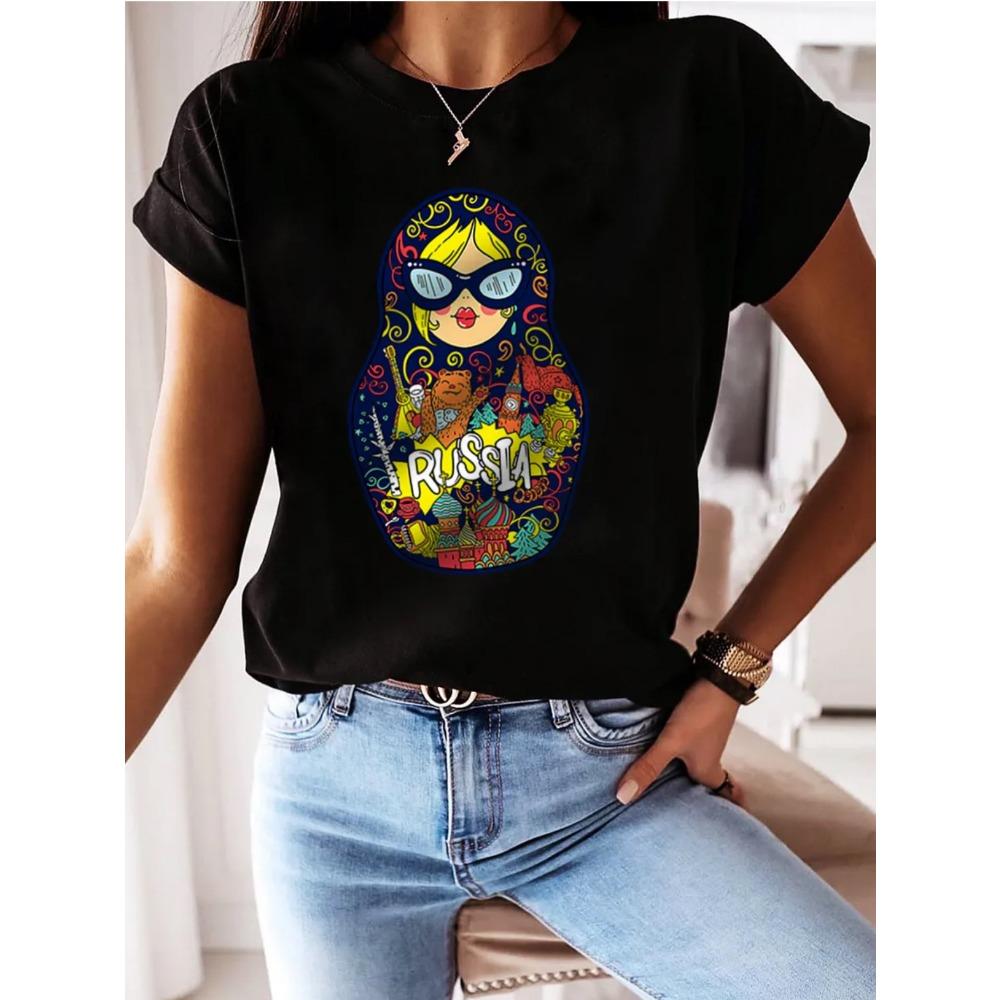 Matryoshka doll print T-shirt | Colorful landmark pattern casual T-shirt, sweet summer style