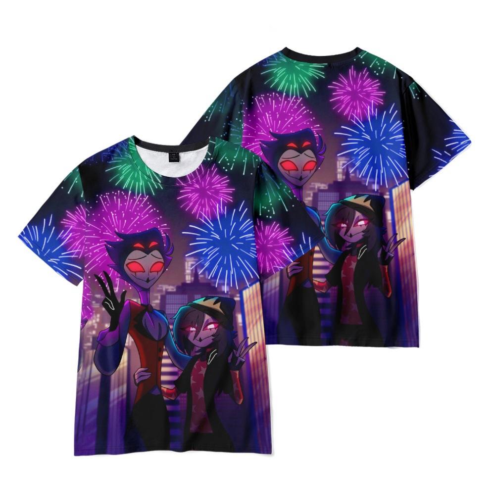 Helluva Boss Anime damskie męskie t-shirty koszula z grafiką nadruk kreskówkowy O-Neck ponadgabarytowe krótkie rękawy moda odzież męska Streetwear